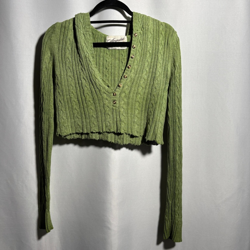 Aeropostale Green‎ Cable Knit Hoodie Cropped Button Sweater M VTG Y2K Grunge SEE